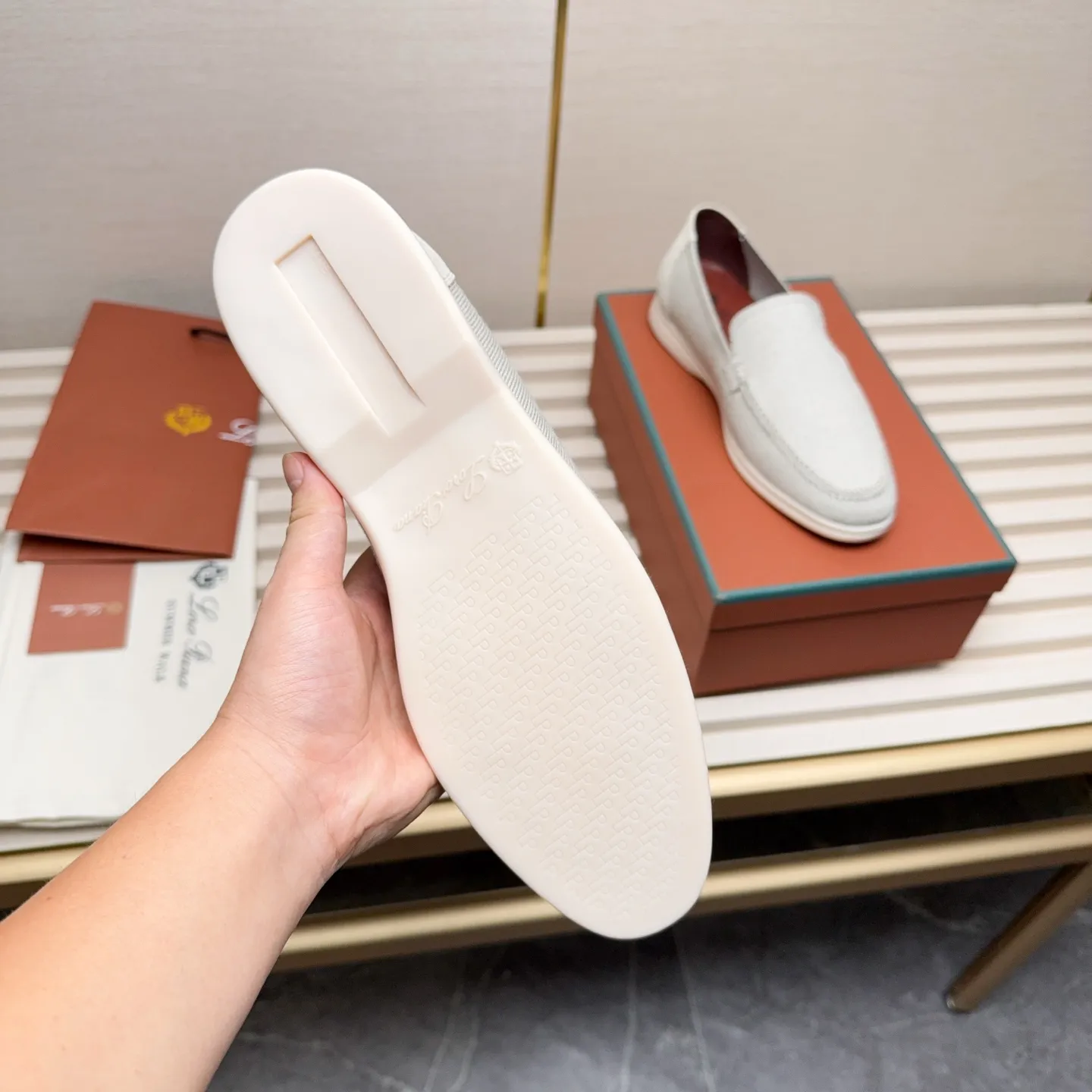 Men's Men's Shoes 💰400 Loro PIana moccasins are made of wish wool fabric. The upper is made of knitted fabric, made on a loom, and then attached to a rubber sole. The Rain System's water-repellent treatment enhances the shoe's functional design, while the suede details give the shoe a sense of elegance and sophistication. Made from Wish, fine wool from Australian and New Zealand Merino sheep